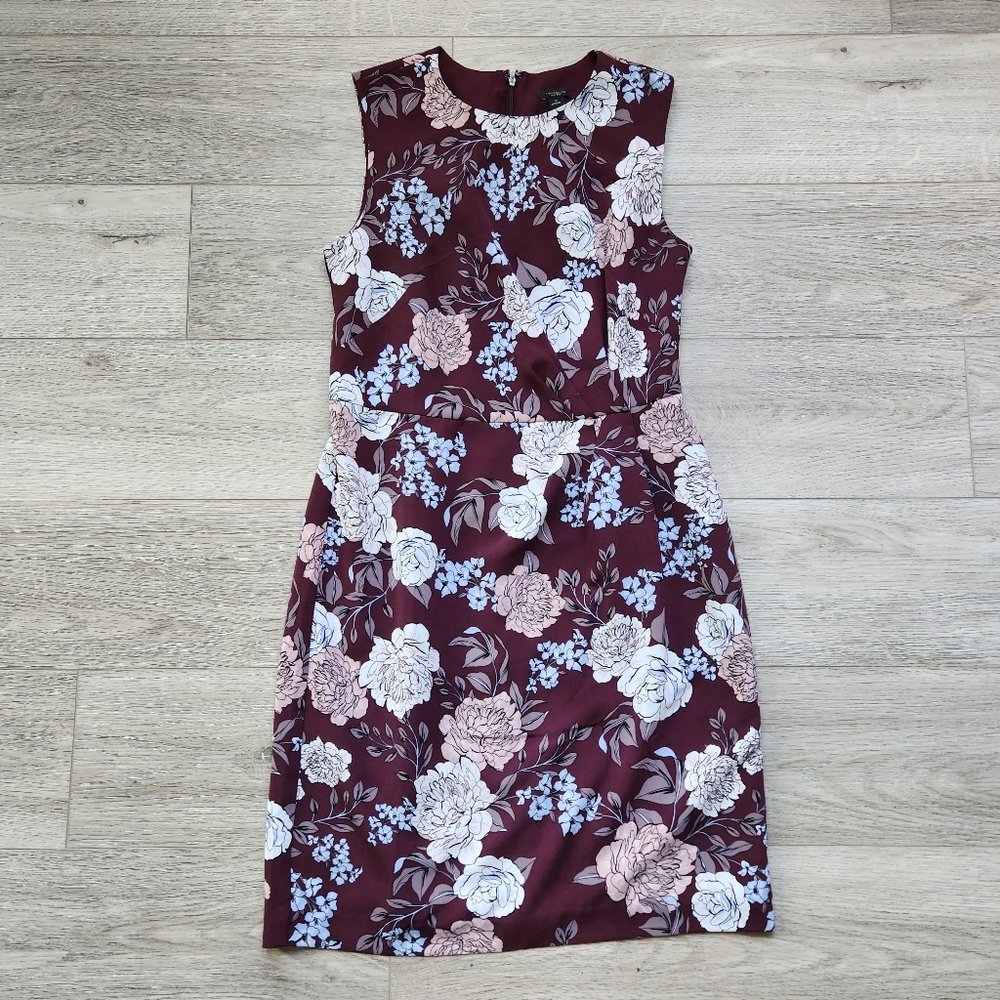 Ann Taylor Factory Burgundy Floral Dress Womens 10 Sheath Cocktail Wedding